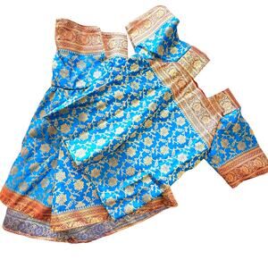 Two Piece Blue and Gold Handmade Vintage Saree Choli Lehenga Blouse with Skirt L